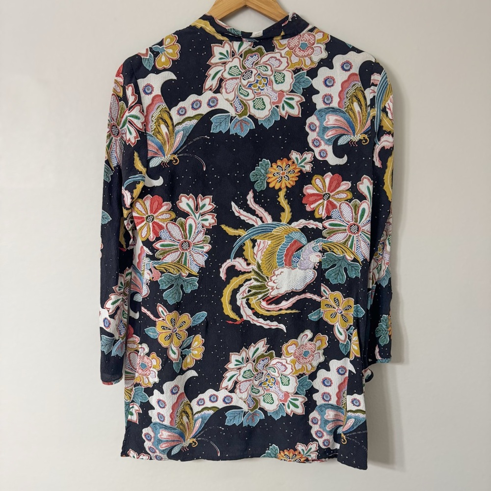 Citron Santa Monica Silk Asian Floral Crane Tunic Top Black Multicolor M - Picture 4 of 6